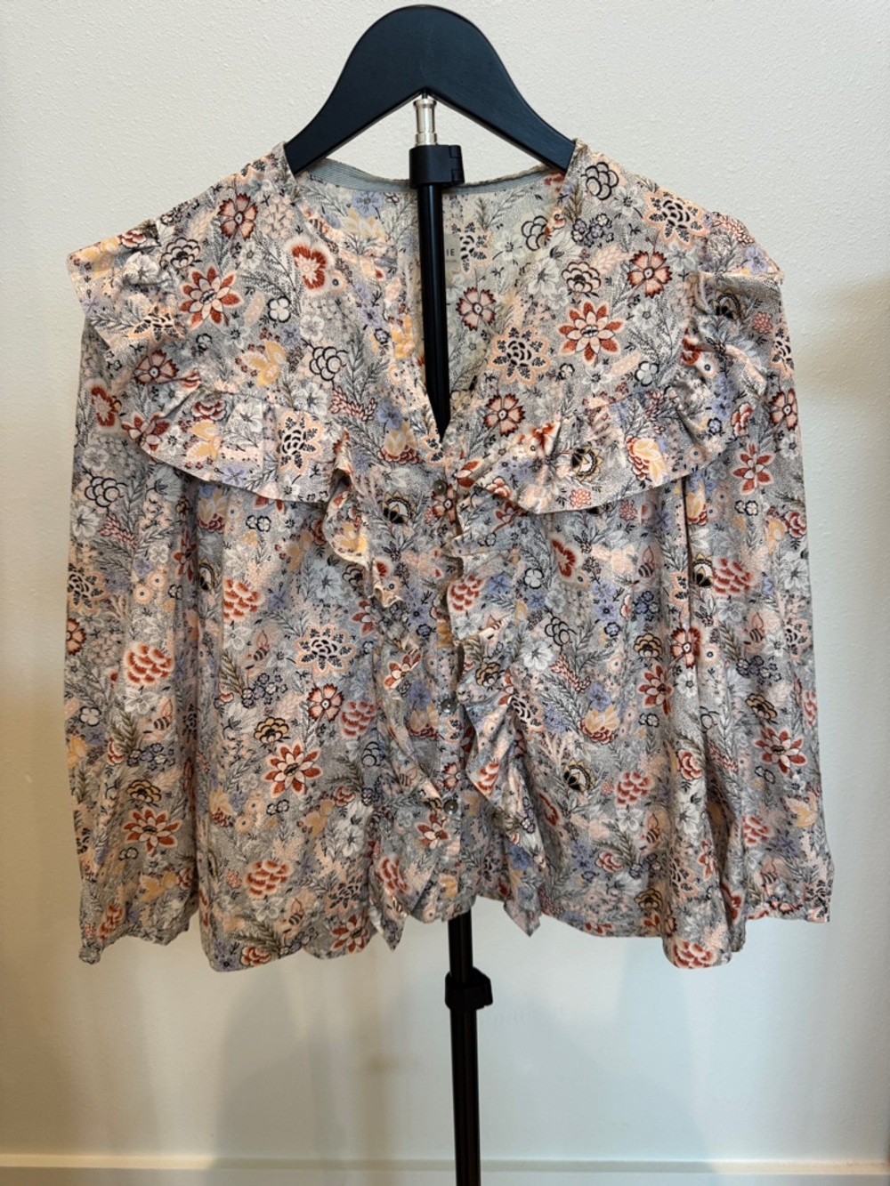 La Vie‎ Floral Ruffle Tie-Neck Blouse - Pink, Cream, Gray